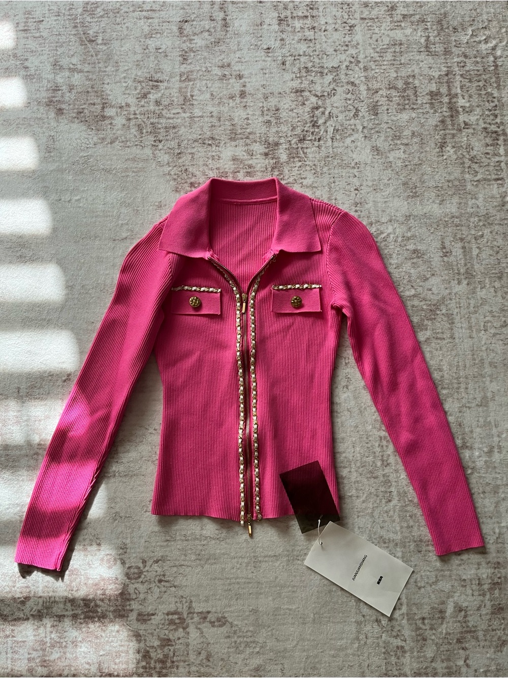 Women’s Pink Zip-Front Ribbed Jacket with Chain Trim